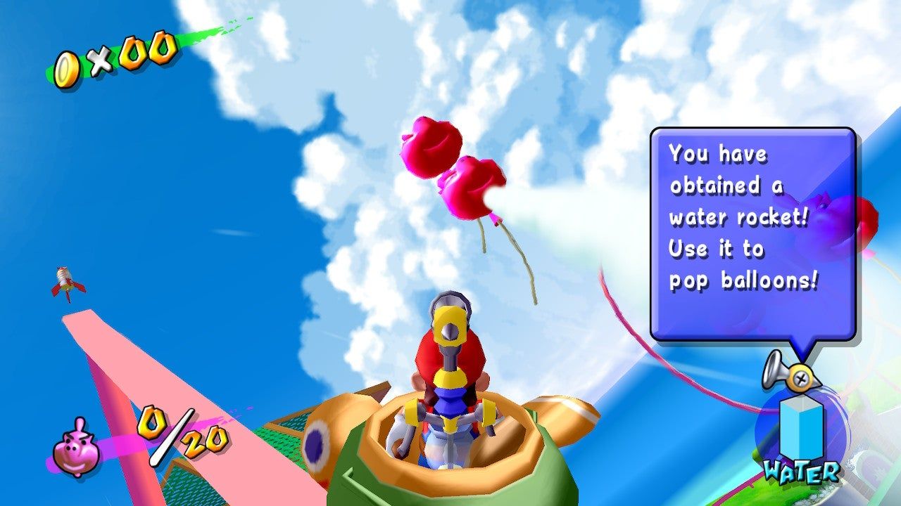 Mario shoots rockets at balloons on a roller coaster