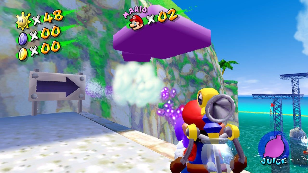 Purple Yoshi shoots goo to make a platform in Super Mario Sunshine