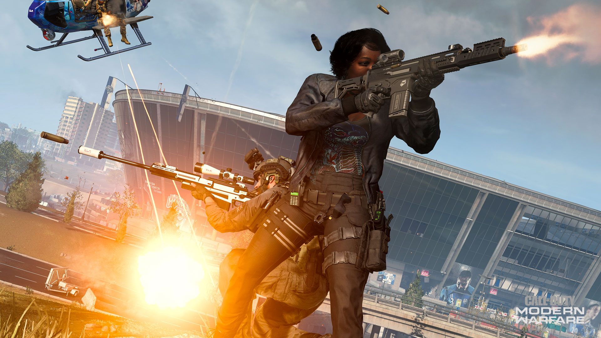 Call of Duty Warzone Season 4 Reloaded screenshot of captain price and operator back to back shooting with stadium in the background.
