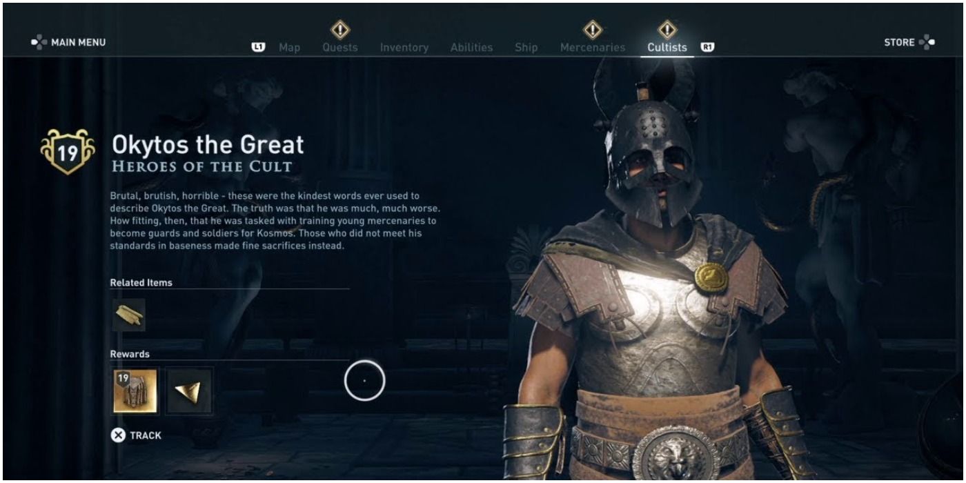 Screenshot of Okytos The Great in game cultist menu from Assassin's Creed Odyssey