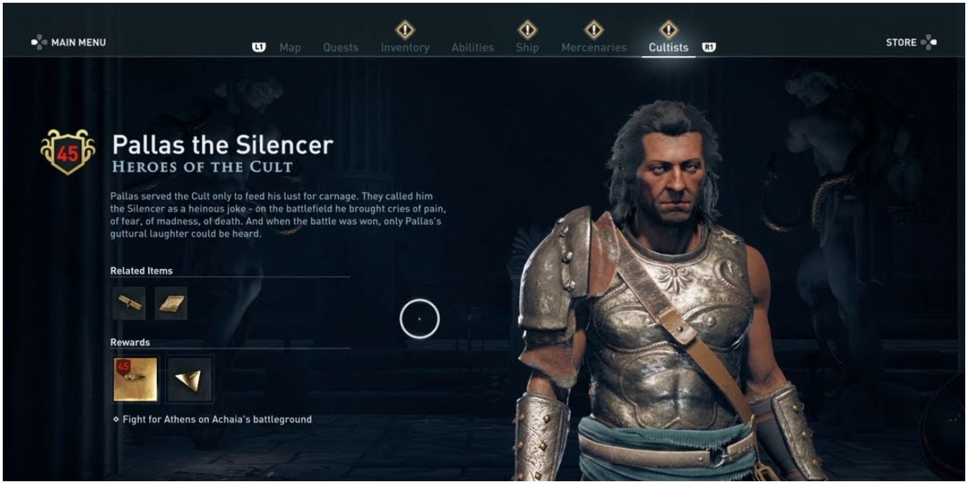 Screenshot of Pallas the Silencer in game cultist menu from Assassin's Creed Odyssey