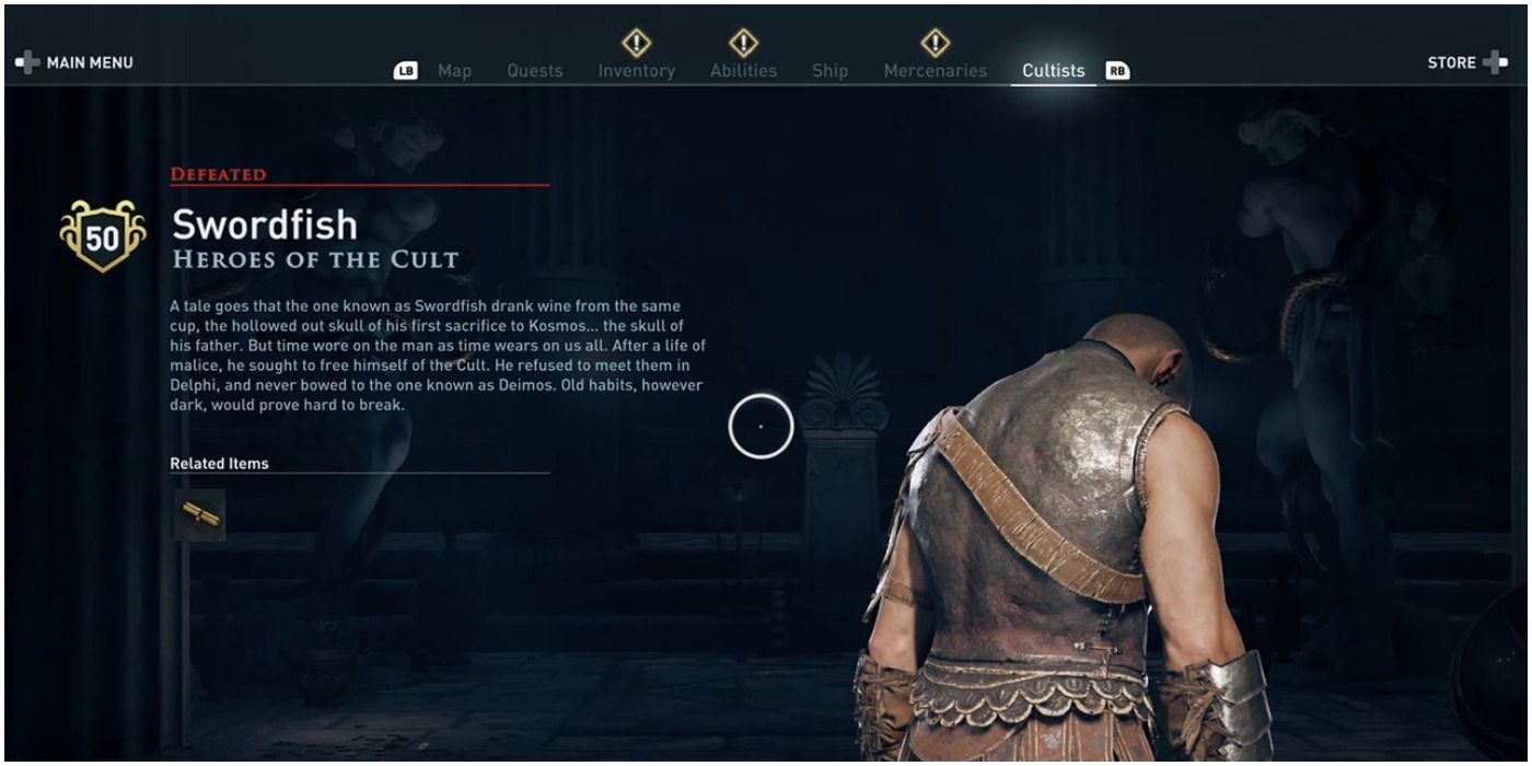 Screenshot of Swordfish in game cultist menu from Assassin's Creed Odyssey