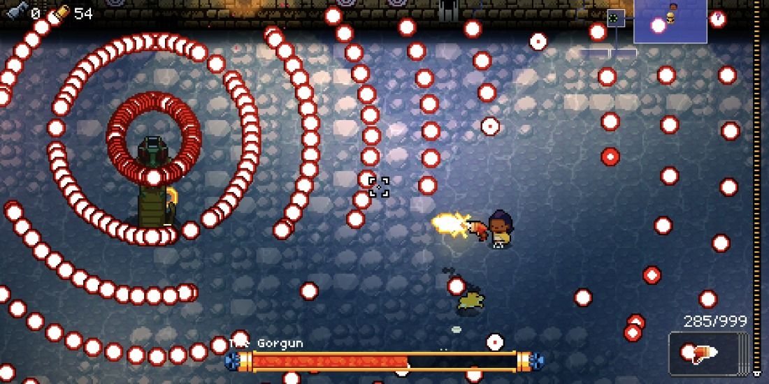Dodging wild bullets throughout the Gorgun boss fight in Enter The Gungeon
