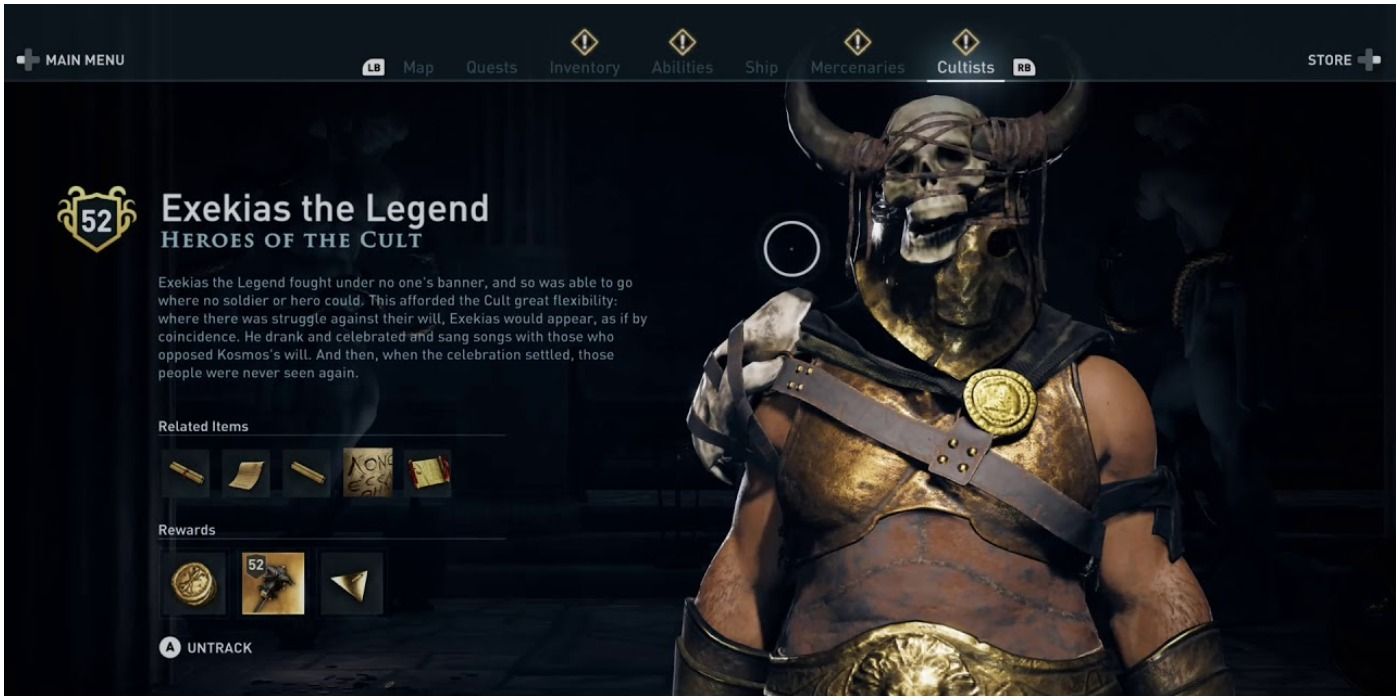 Screenshot of Exekias the Legend in game cultist menu from Assassin's Creed Odyssey
