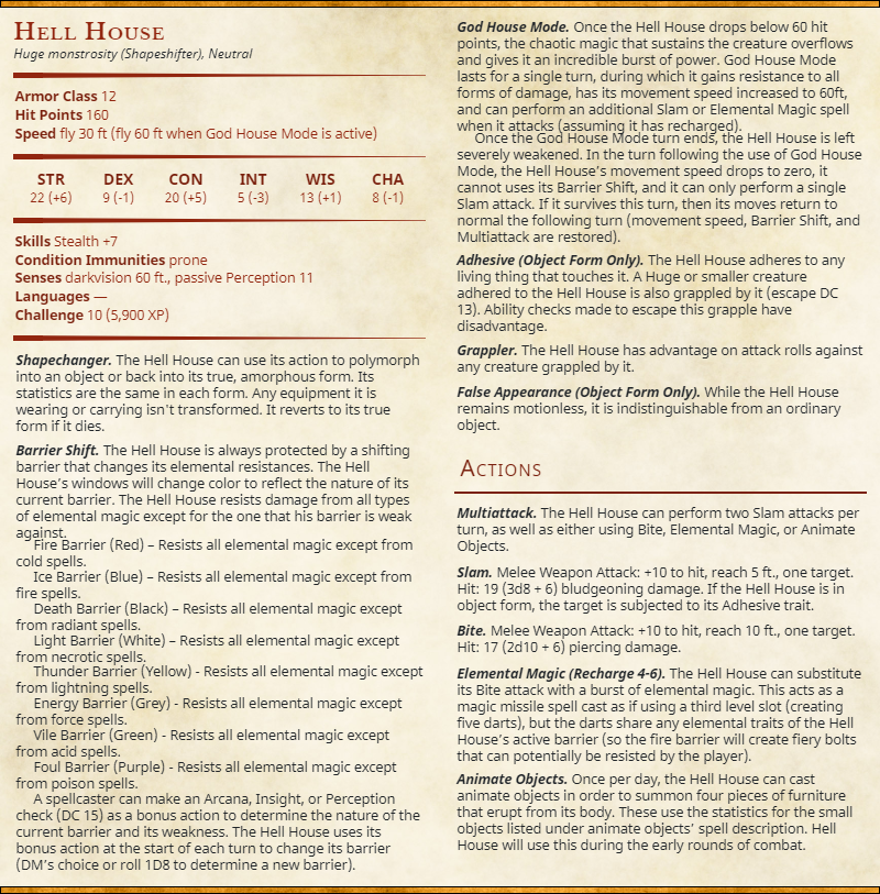 Hell House Final Fantasy VII Remake D&amp;D Stats