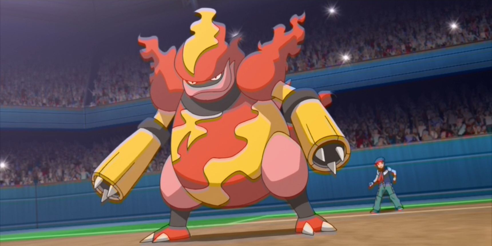 Magmortar being sent into battle in the Pokemon anime