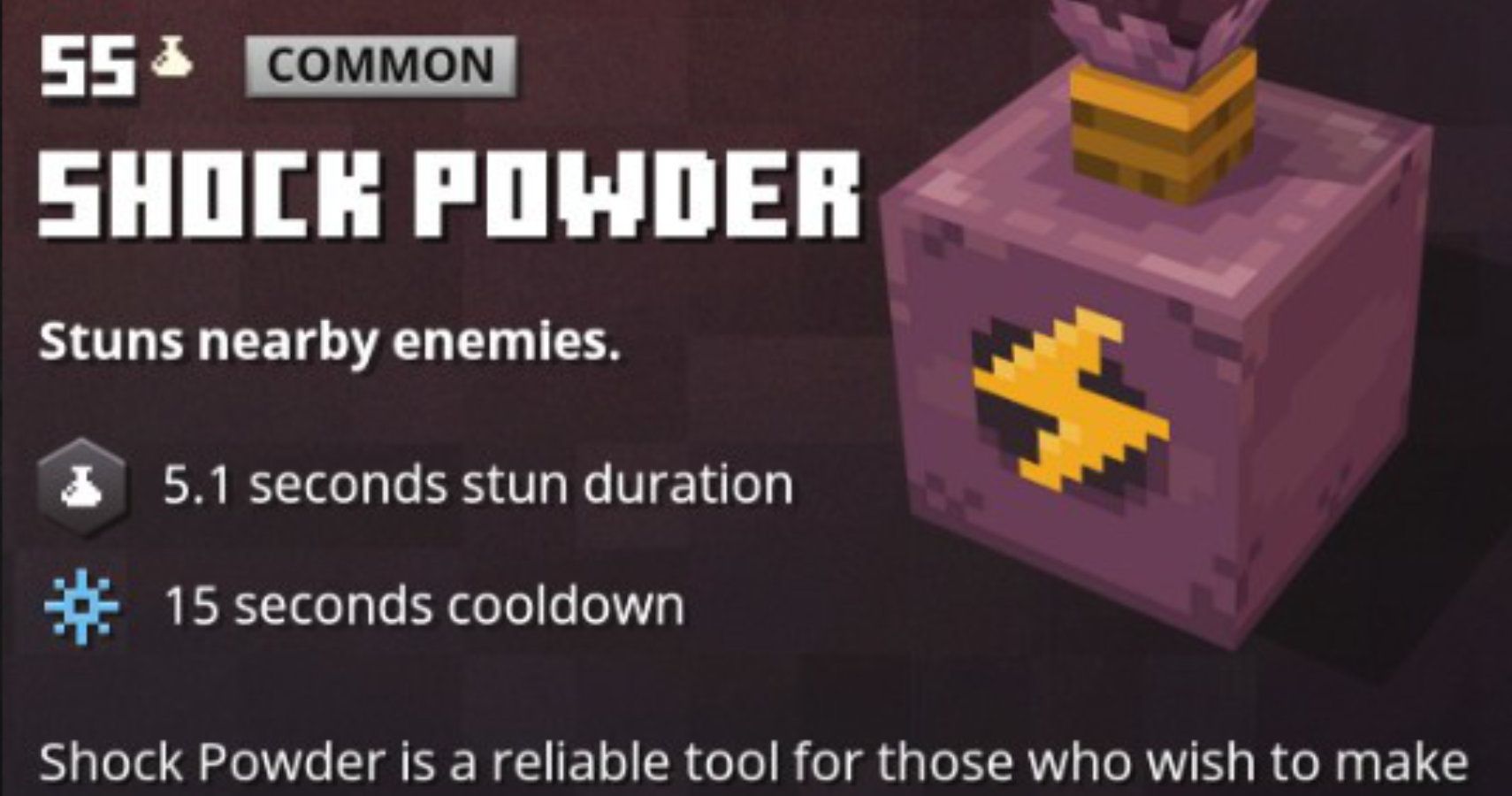 Shock powder stats close up.