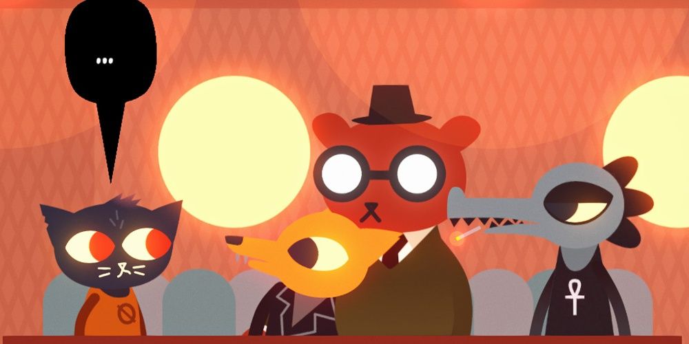 Screenshot from Night In The Woods depicting protagonist Mae talking to her friends