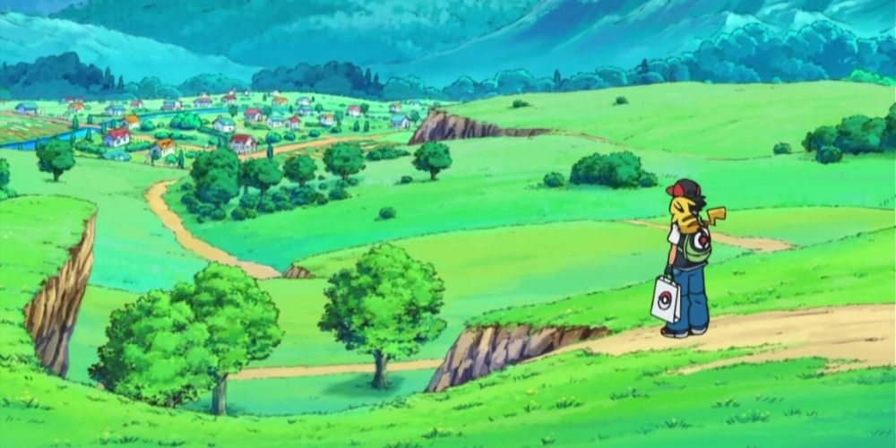 Pokemon Anime Ash Cliff Palette Town Road Fields Grass Trees