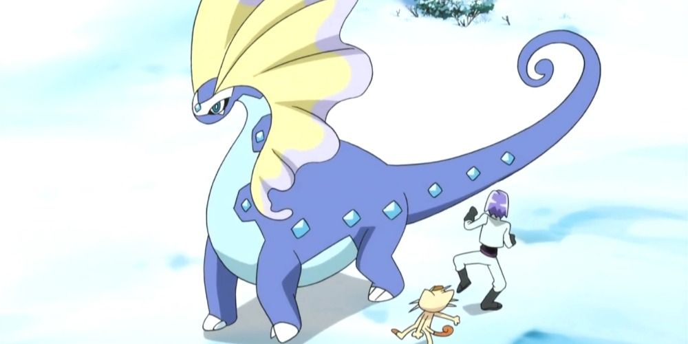 Picture of Aurorus from Pokemon anime, featuring James and Meowth