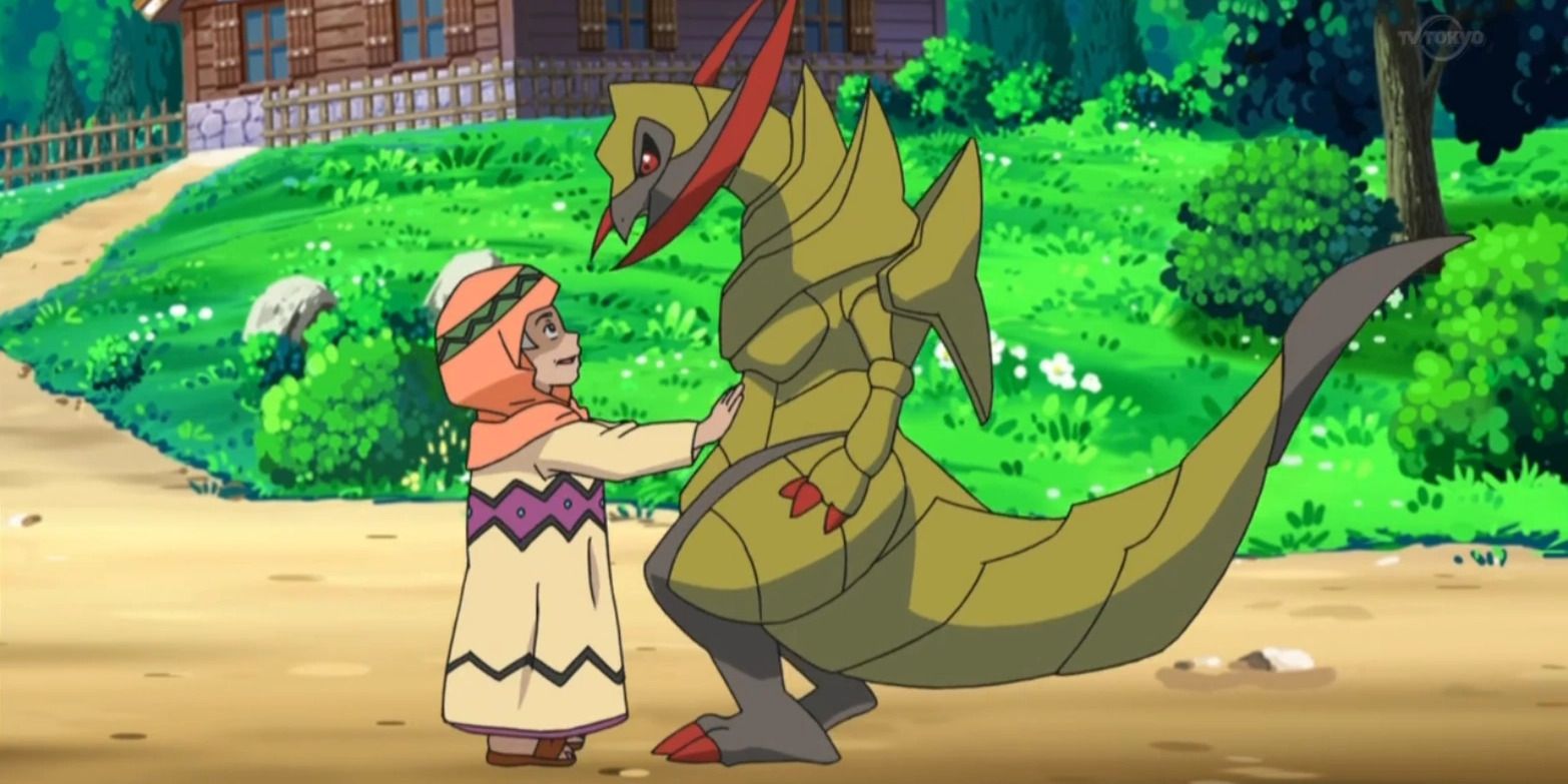 Pokemon Anime Haxorus with Its Trainer
