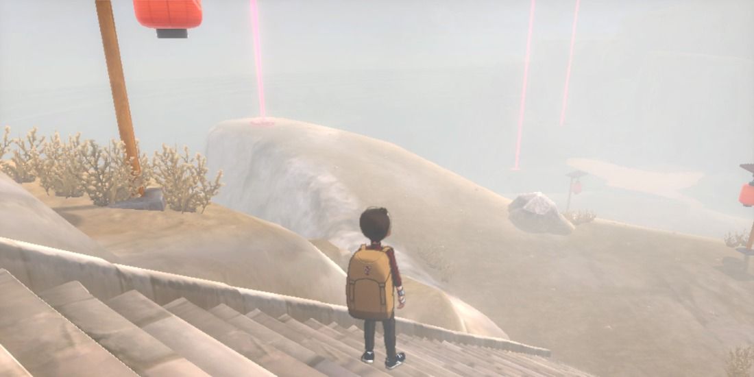 Several glowing Max Raid Dens in the Isle of Armor from Pokemon Sword & Shield