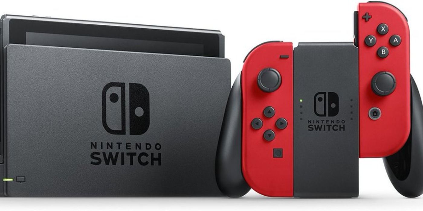 image of a Nintendo Switch console next to Mario Red Joy-Cons