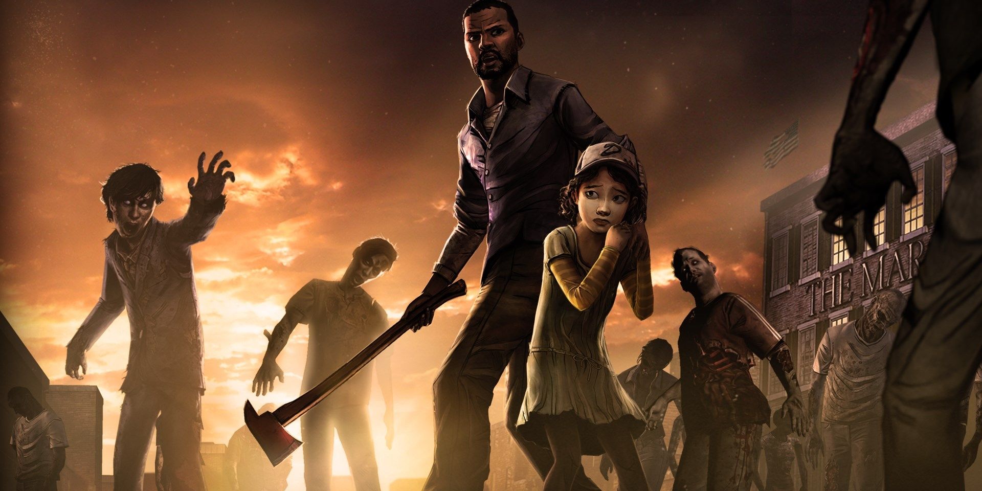 Image of Lee and Clementine surrounded by walkers from Telltale's The Walking Dead.