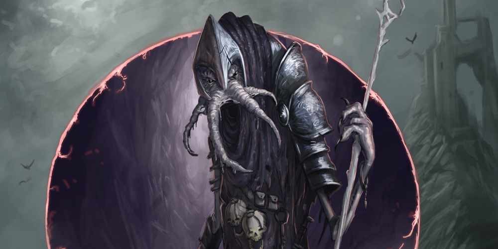 Dungeons & Dragons a mind flayer lich in black tattered robes and a helmet