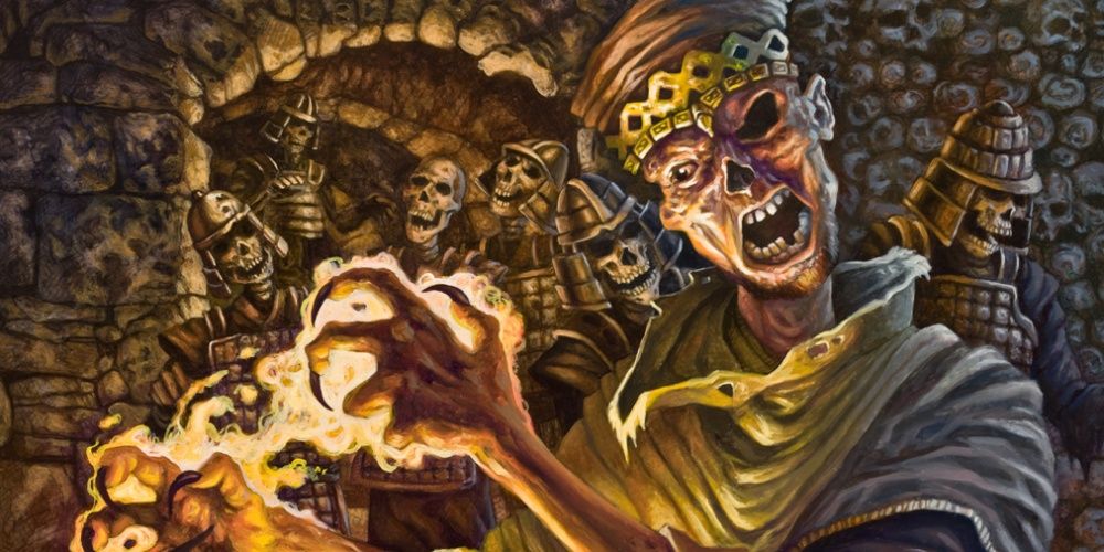 Dungeons & Dragons, a crowned mummy lord with a background filled with skeletons