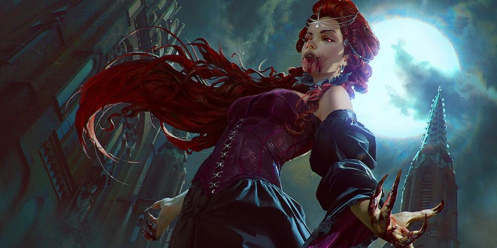 Dungeons & Dragons a female vampire with cloudy full moon night sky in the background