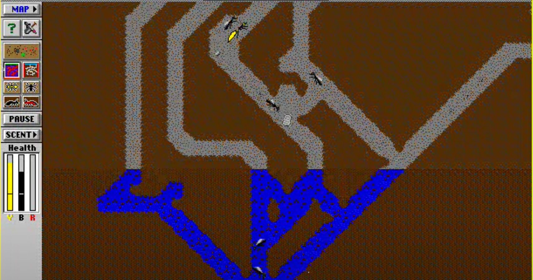 A flood jeopardizes a colony in SimAnt.