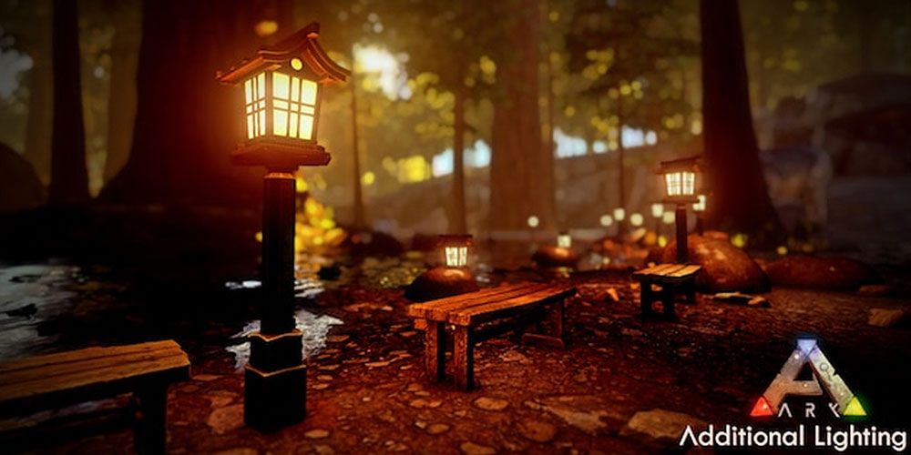 lanterns and benches in a forest