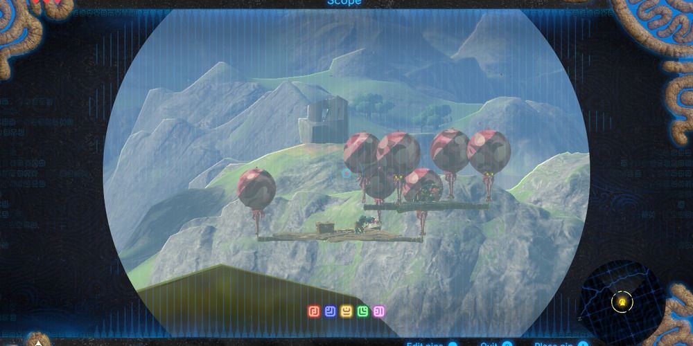 Peering at floating platforms from the Sheikah Slate in BotW