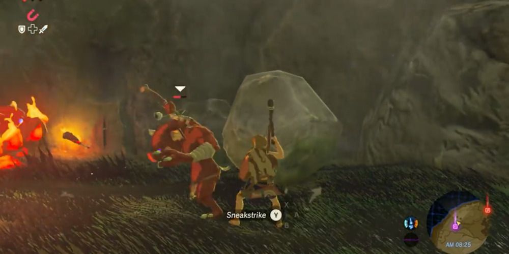 Link sneak striking a bokoblin in BotW