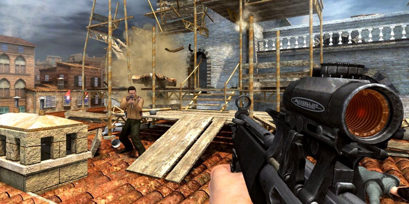 Quantum Of Solace Gameplay bond aiming at guard on rooftop