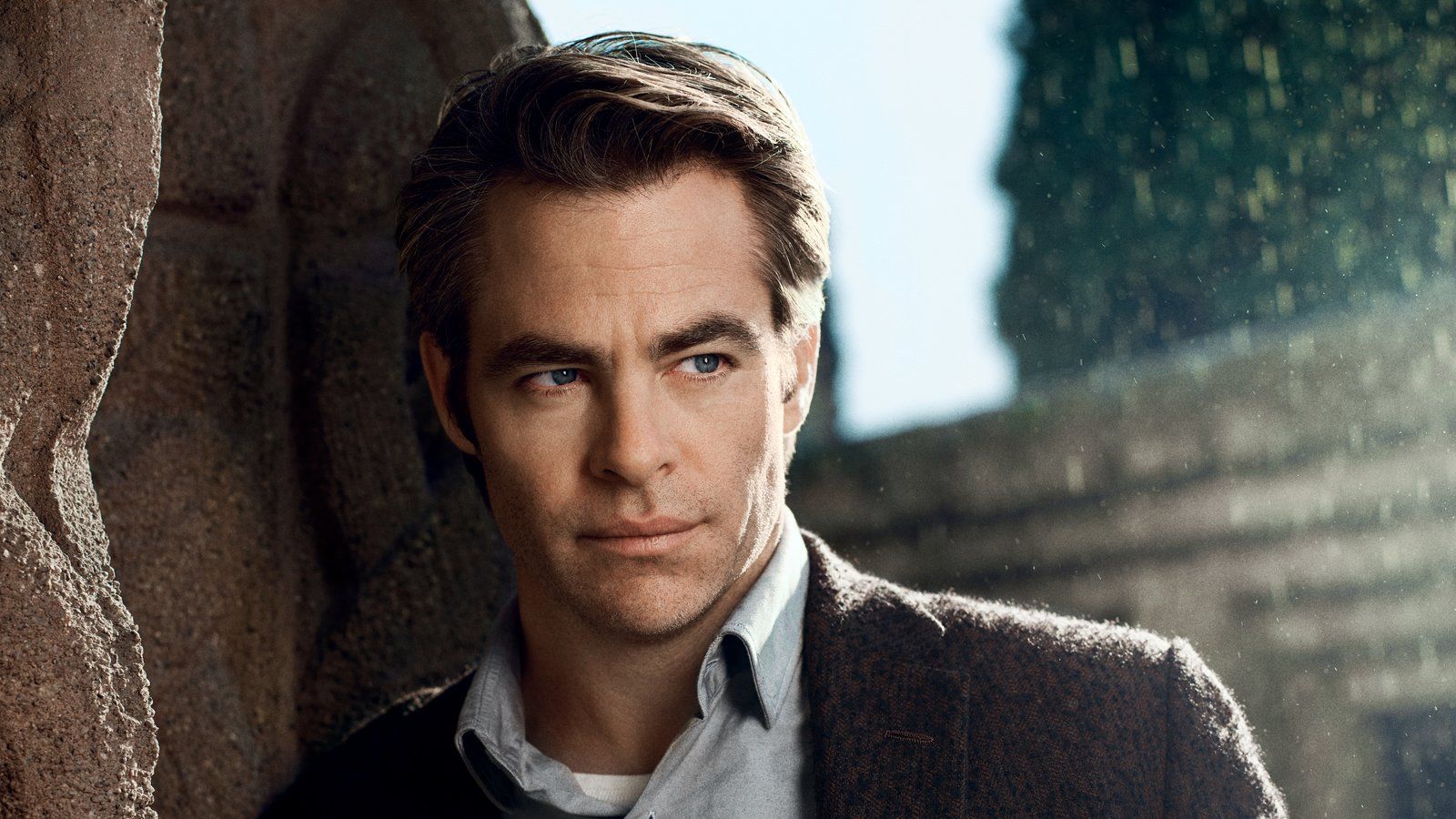 Chris Pine Photoshoot Brown Jacket Rain