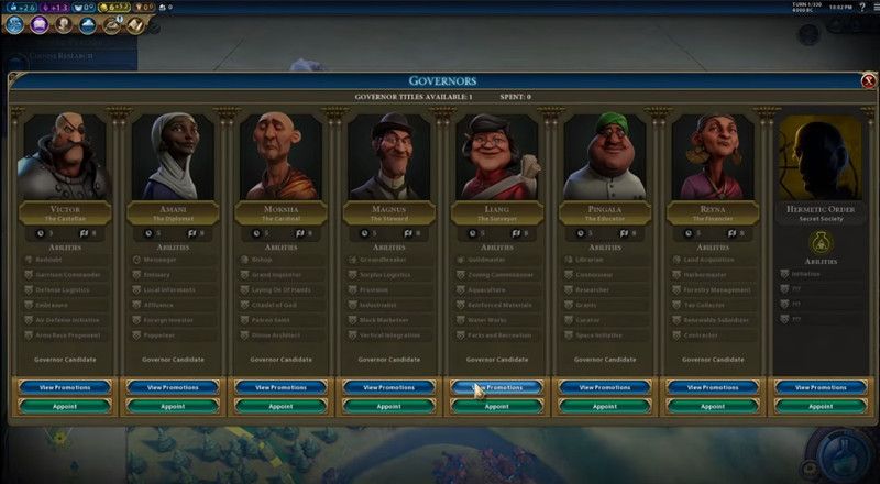 Civilization VI Secret Societies Governors