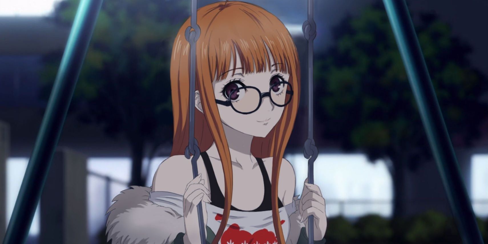 Futaba Sakura sitting on the swing in Persona 5 Royal