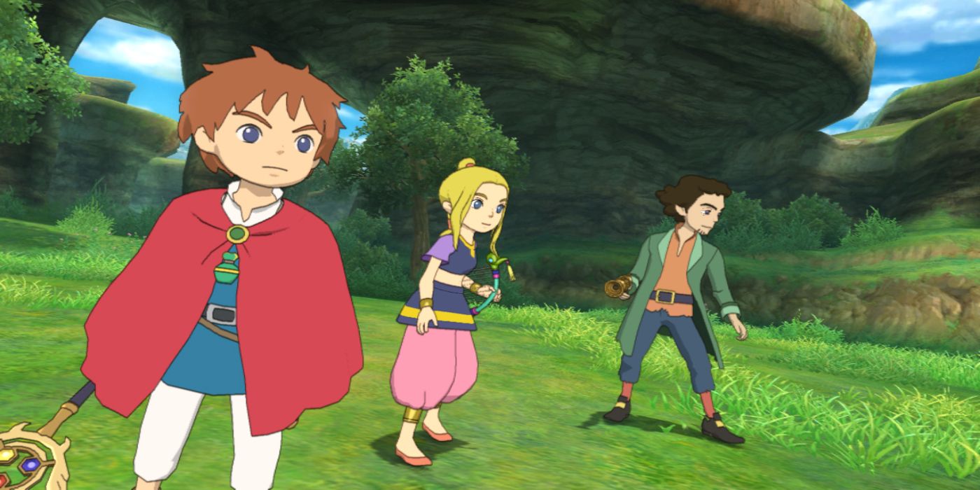 Characters from Ni No Kuni standing on grass