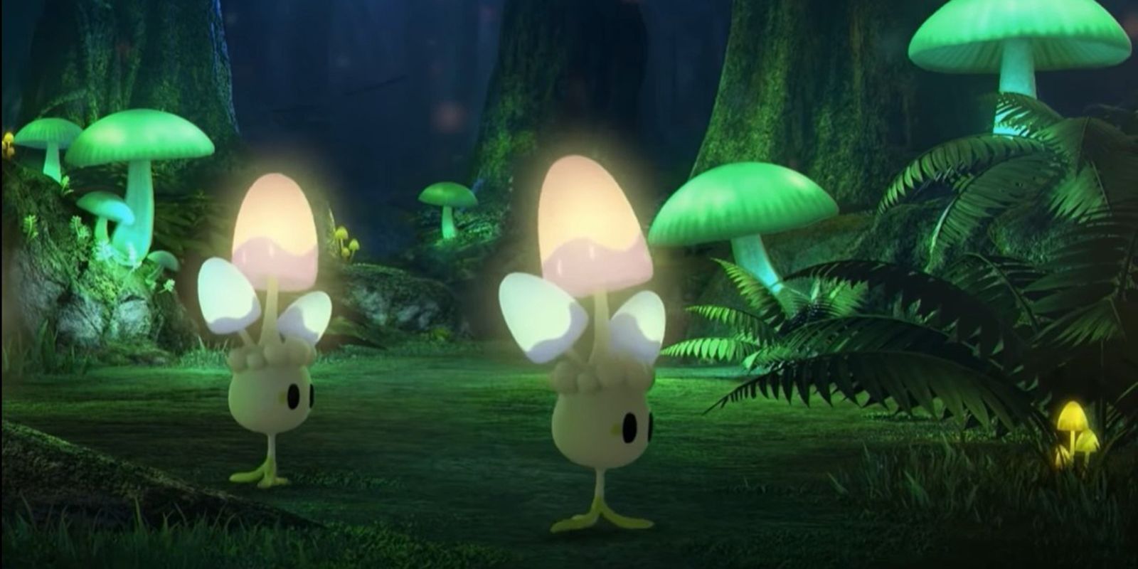 Two morelull walking in a dark forest