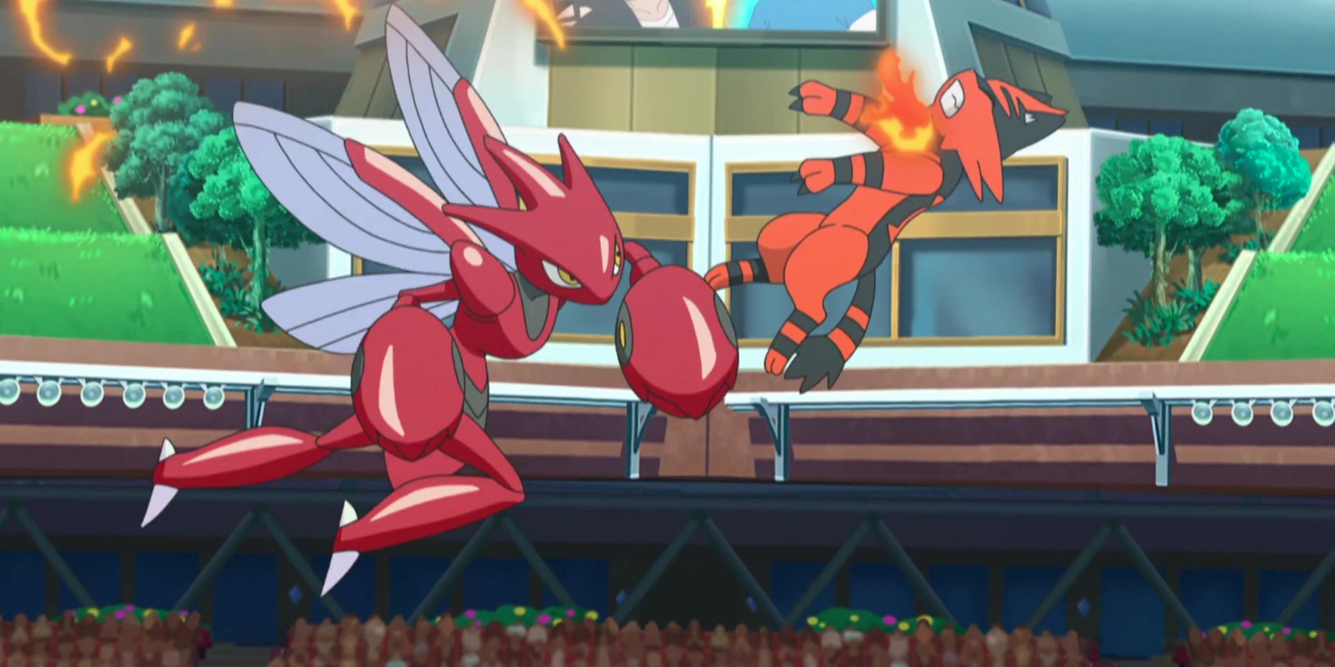 Scizor using a speedy strike on a Torrocat in the Pokemon Anime