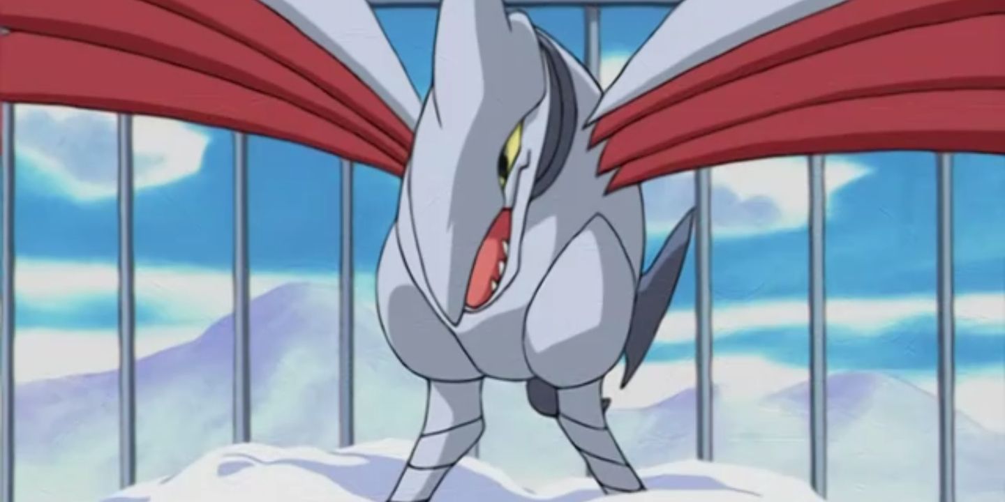 An angered Skarmory perched in the sky in the Pokemon anime