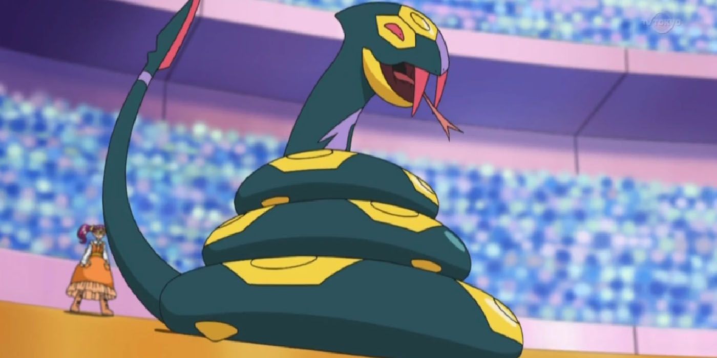 A Seviper coiled during battle in the Pokemon anime.