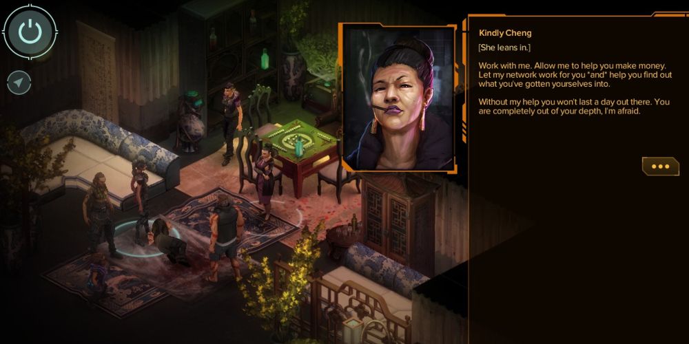 An in-game screenshot of Kindly Cheng speaking in Shadowrun: Hong Kong