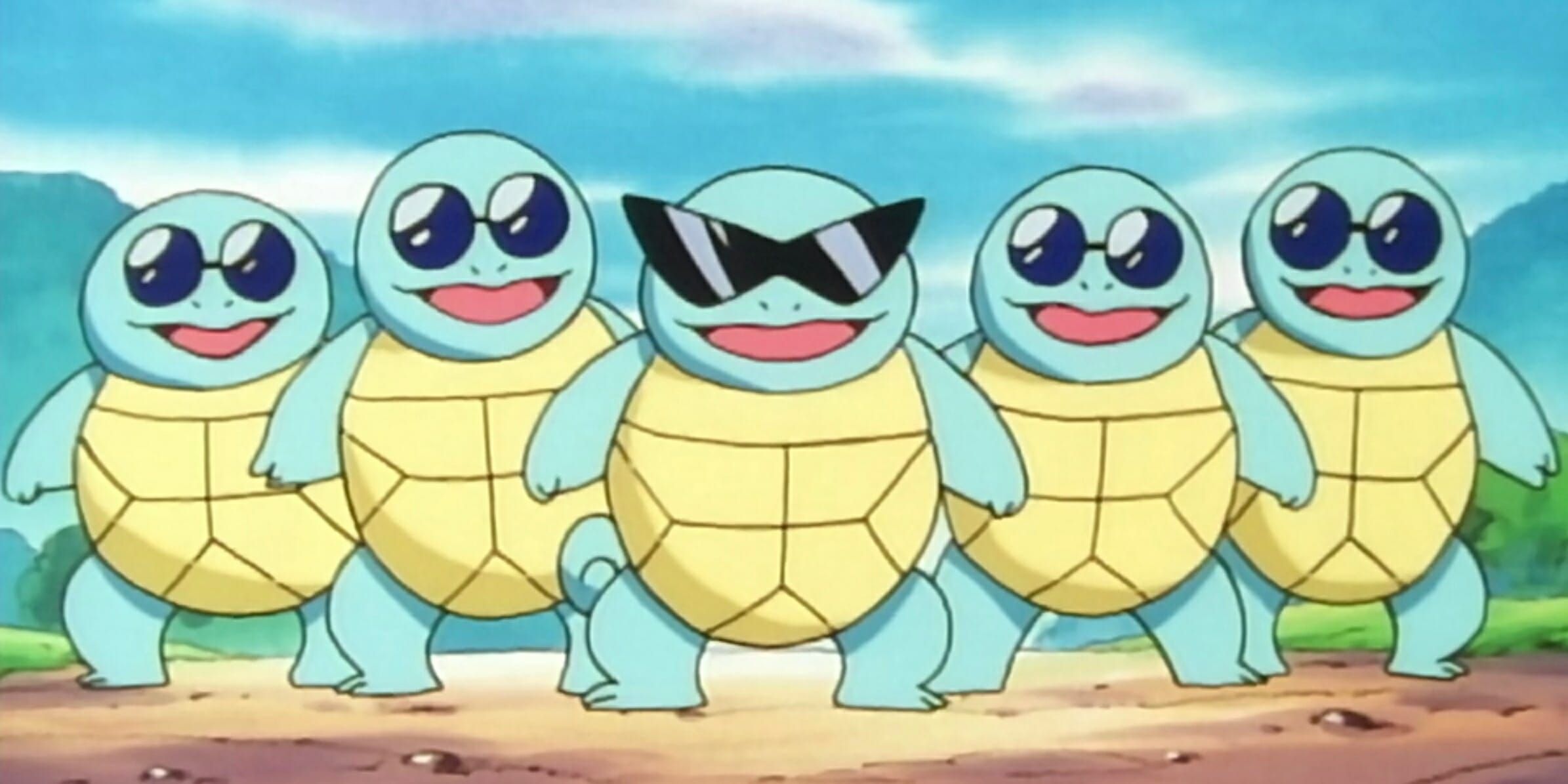 Squad of Squirtles with the coolest in the middle, wearing sunglasses