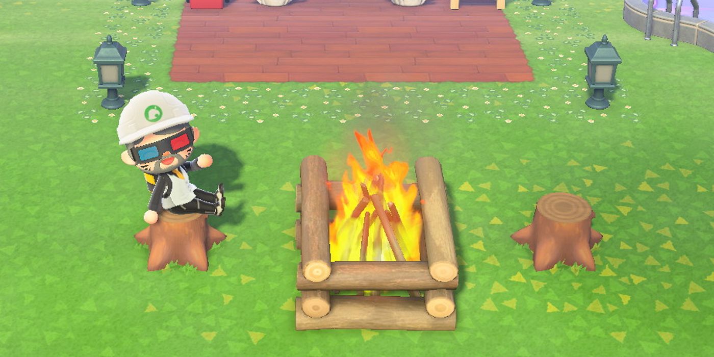An Animal Crossing player sitting on a tree stump and waving next to a bonfire