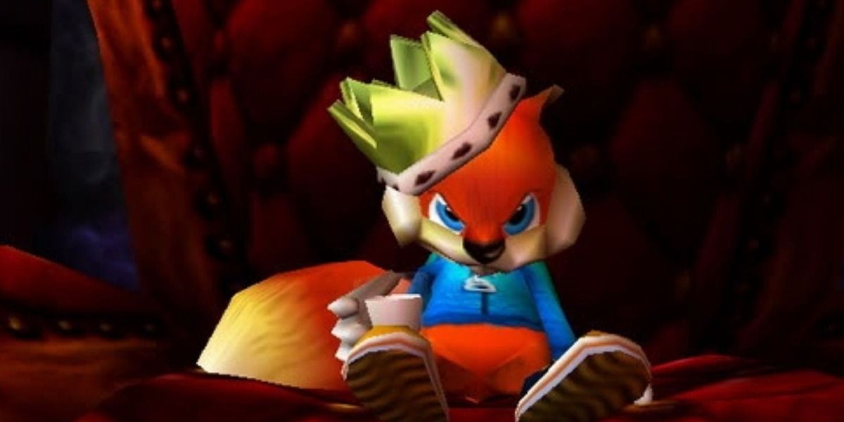 Conker sits on a throne with a crown on his head
