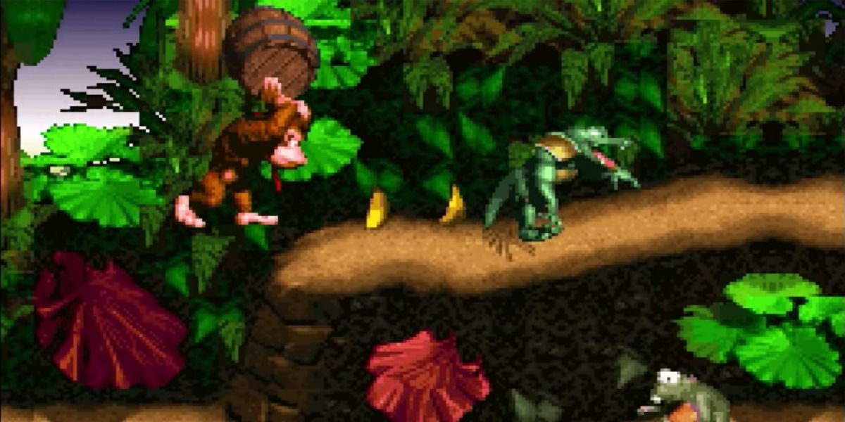 Donkey Kong prepares to throw a barrel at a Kritter