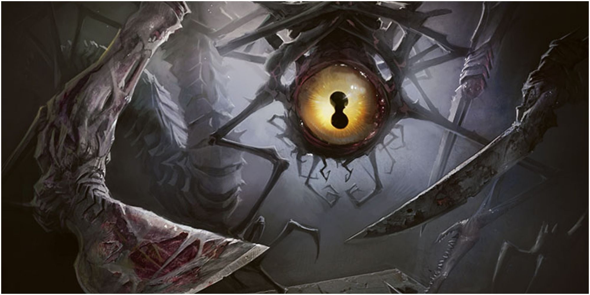 An eyeball monster with two pupils and lots of legs.