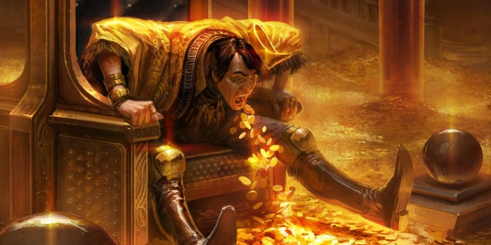 An armored adventurer coughing gold coins
