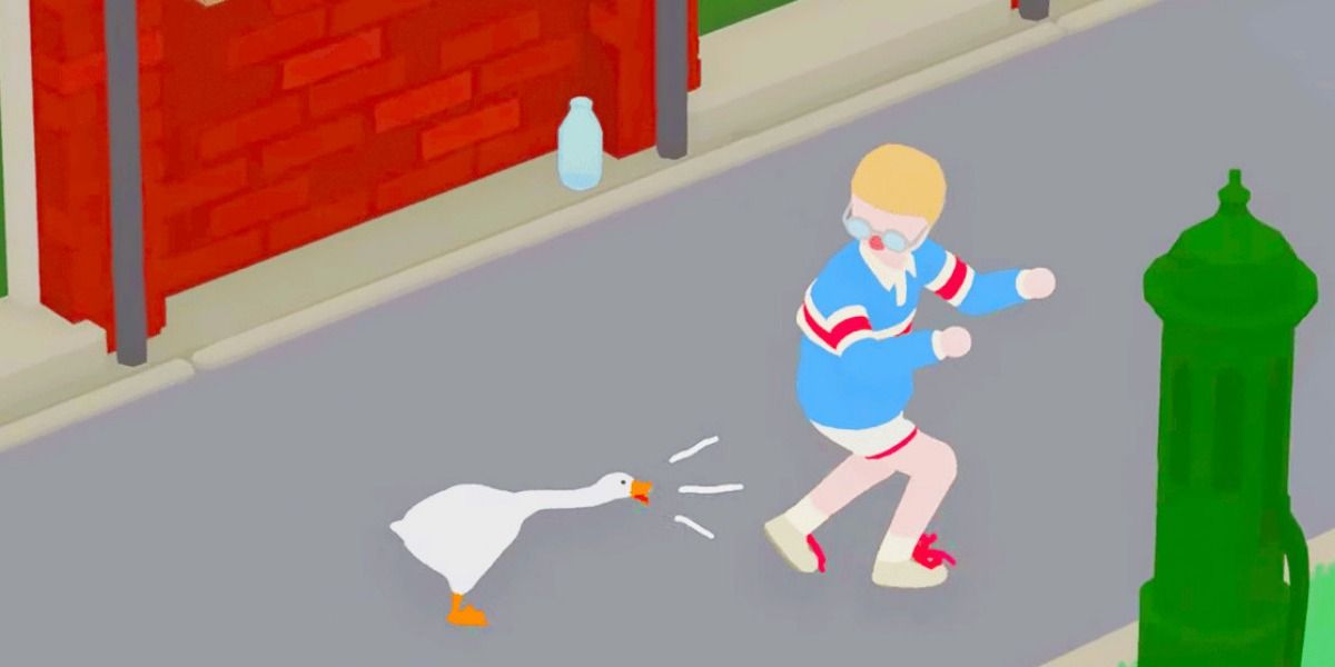 The goose torments a young man wearing glasses