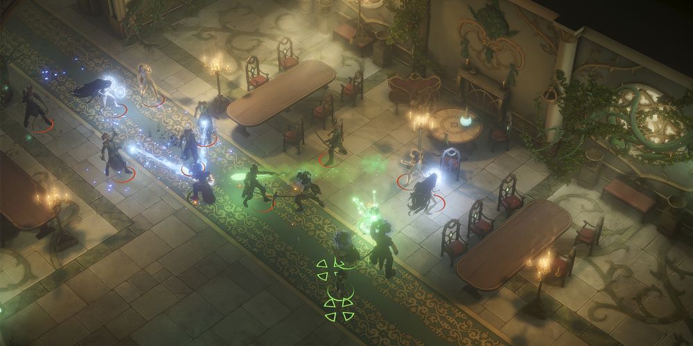 Characters shooting green and blue magic at each other in Pathfinder: Kingmaker