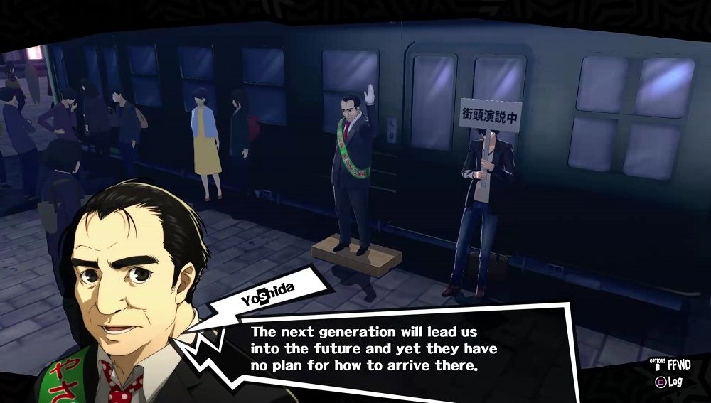 toranosuke yoshida giving a speech at shibuya station with joker about the new generation of japan in persoan 5 royal
