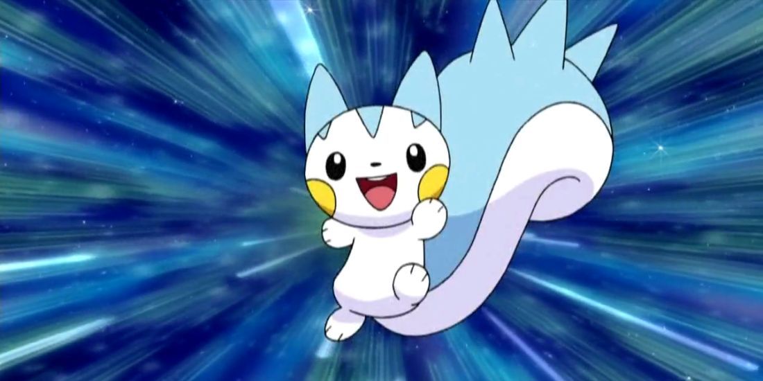 Pachirisu jumping on a blue background in the Pokemon anime.