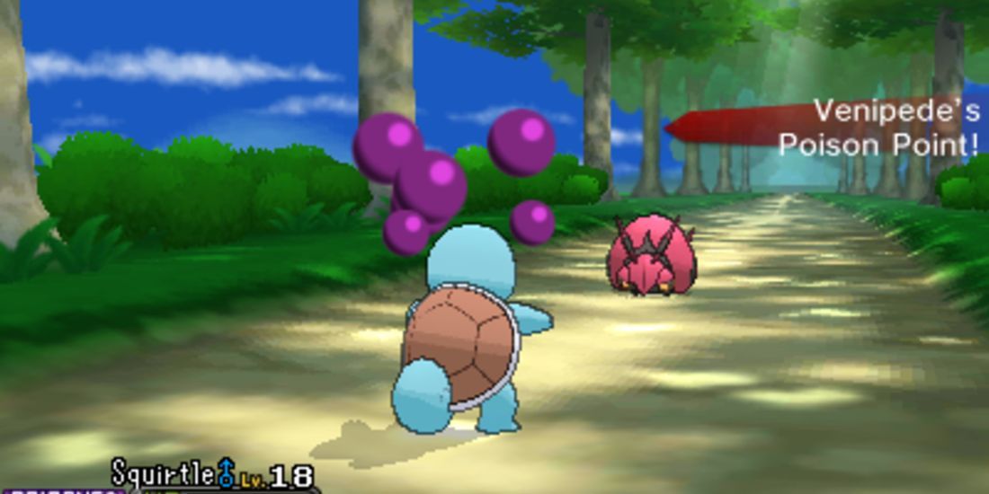 A Squirtle battling a Venipede, being inflicted with Poison by Poison Point.