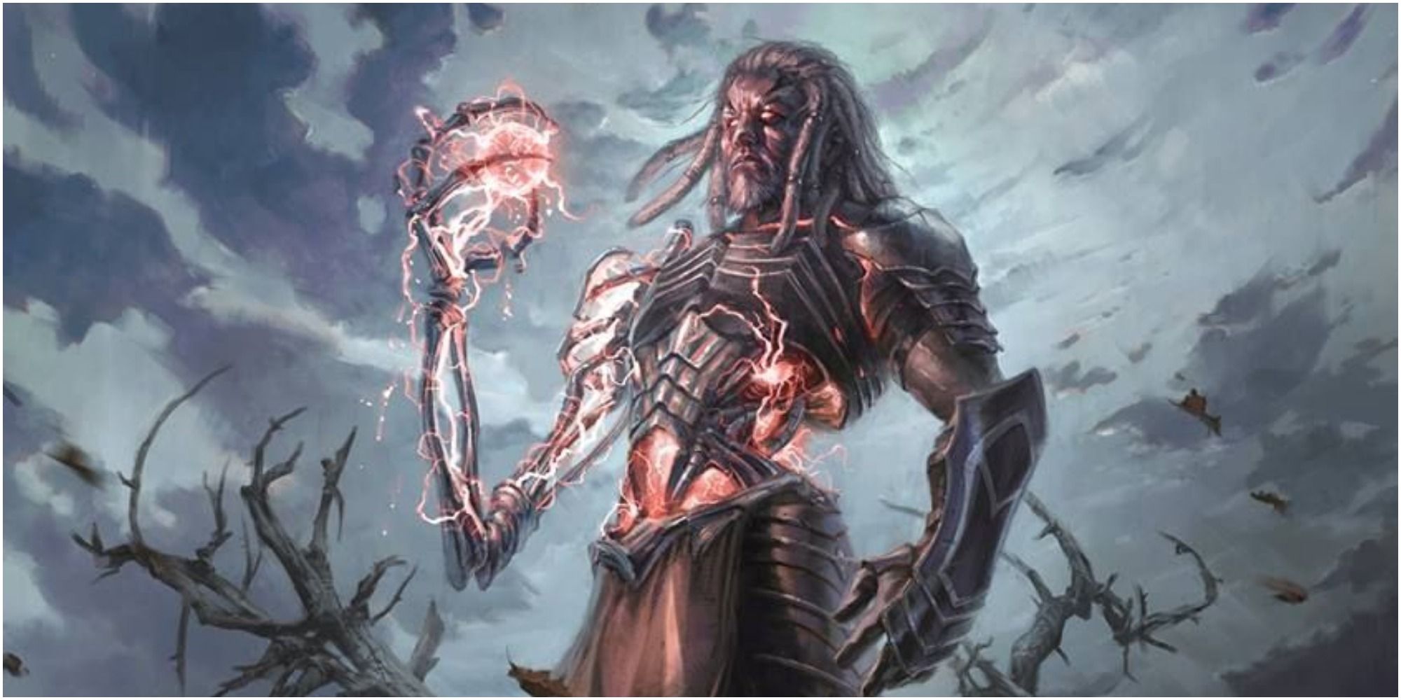man holding ball of lightning with metal arm