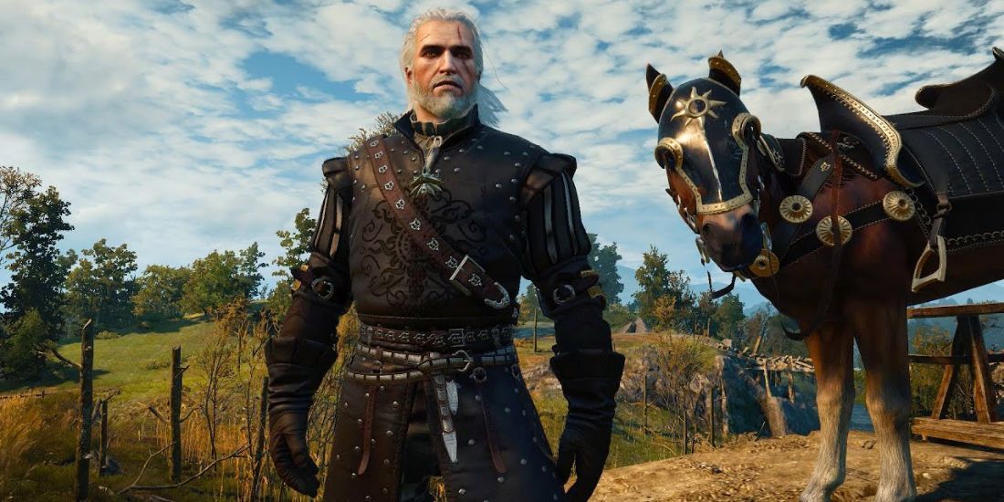 Geralt posing in Nilfgaardian armor next to his horse