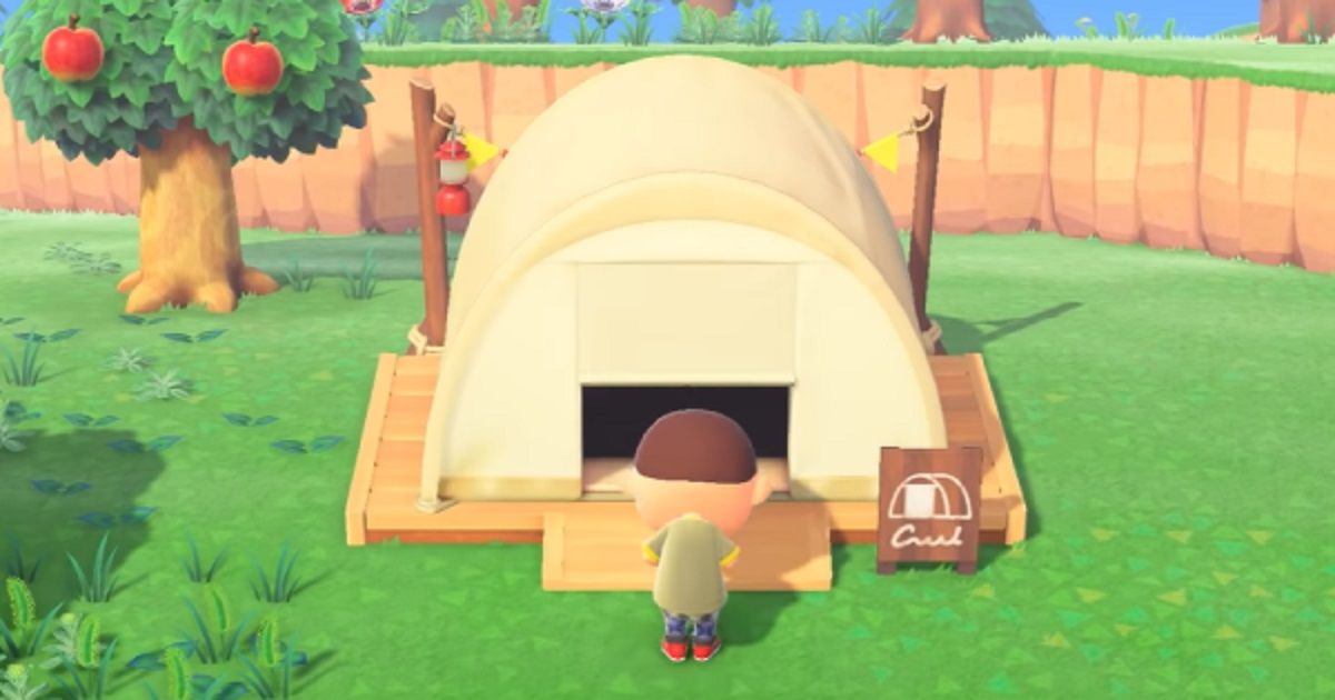 An Animal Crossing player standing in front of their campsite tent in New Horizons
