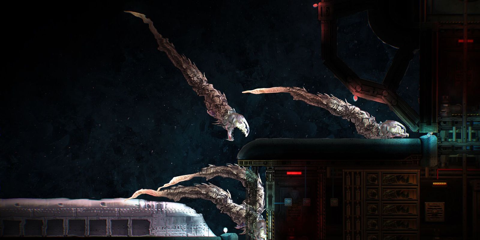 A large group of long extraterrestrial eel-like monsters biting into the hull of your submarine in Barotrauma.